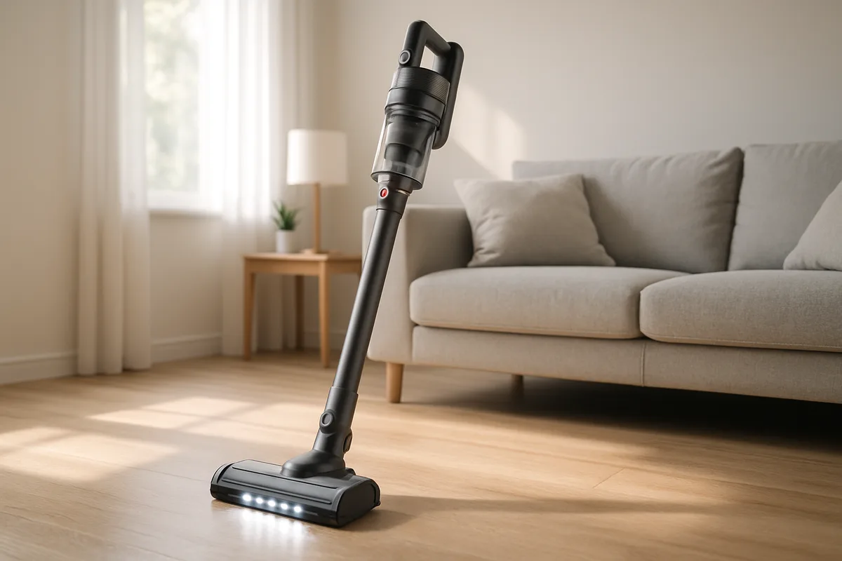 Akkustaubsauger mit leuchtender LED-Beleuchtung auf hellem Holzboden in einem modernen Wohnzimmer