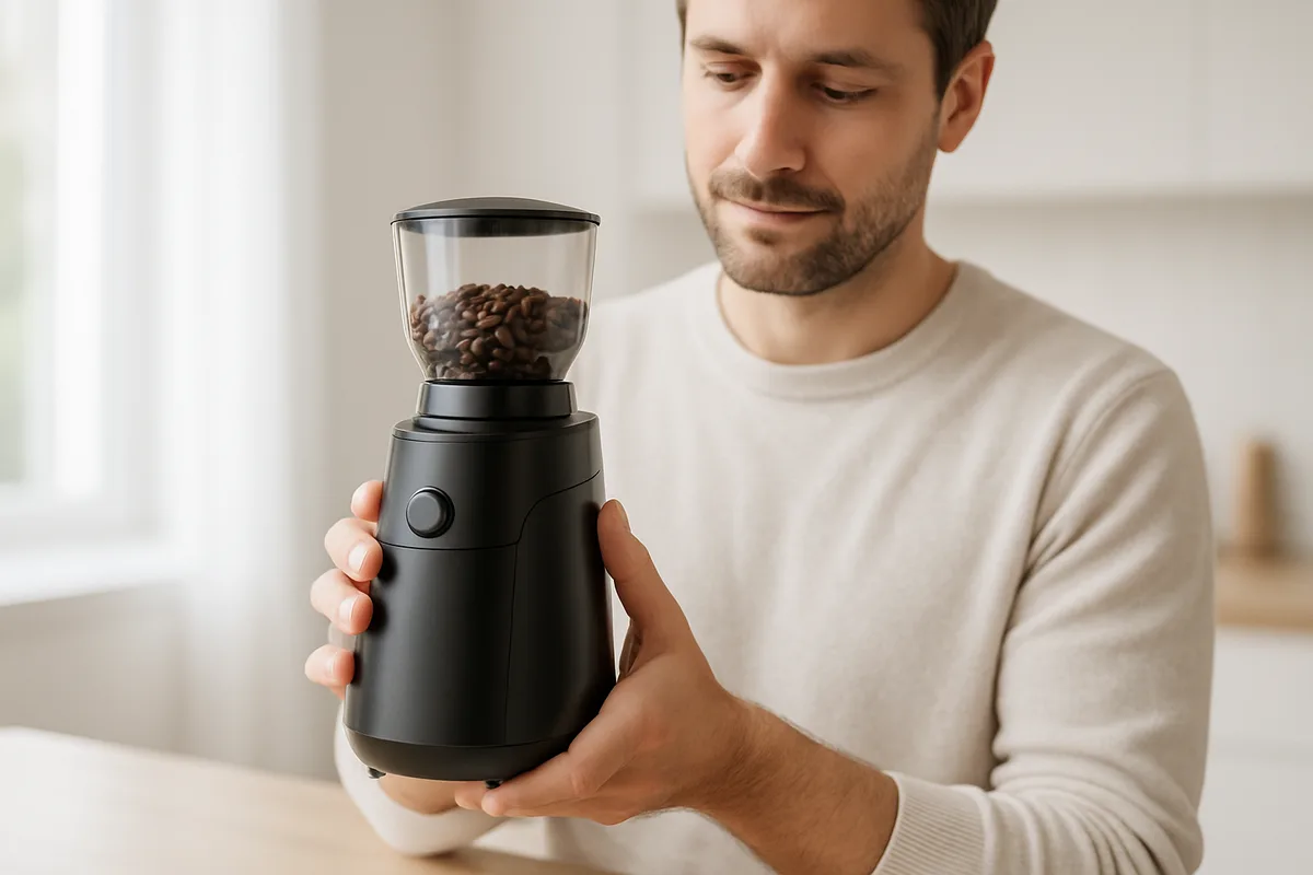Eine Person hält eine Kaffeebohnenmühle in der Hand und lächelt zufrieden