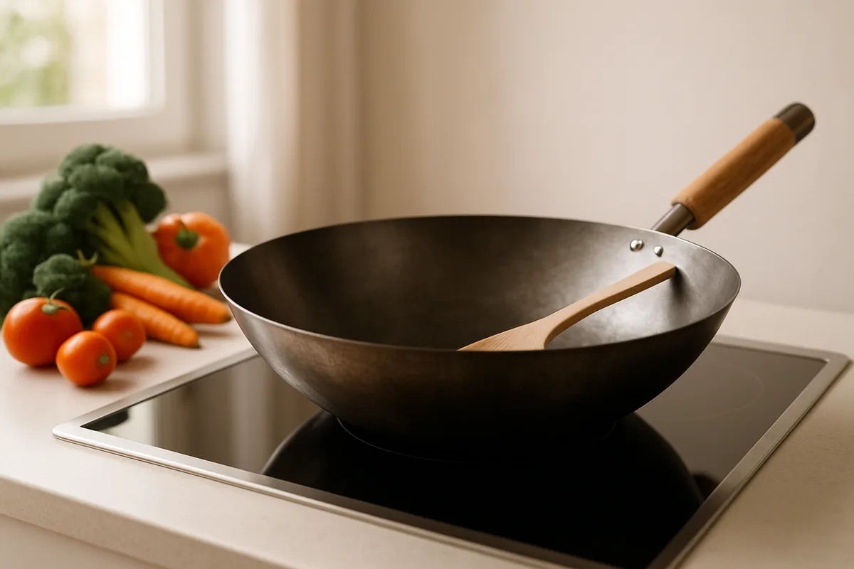 Unbeschichteter Carbonstahl-Wok auf einem Induktionskochfeld mit frischem Gemüse beim Anbraten