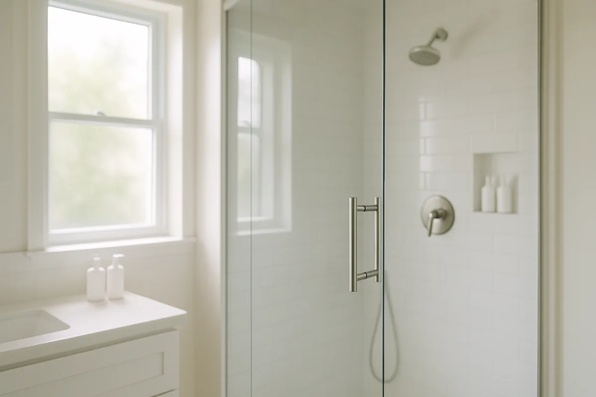Nahaufnahme einer sauberen Glasdusche mit Wasserperlen im modernen Badezimmer